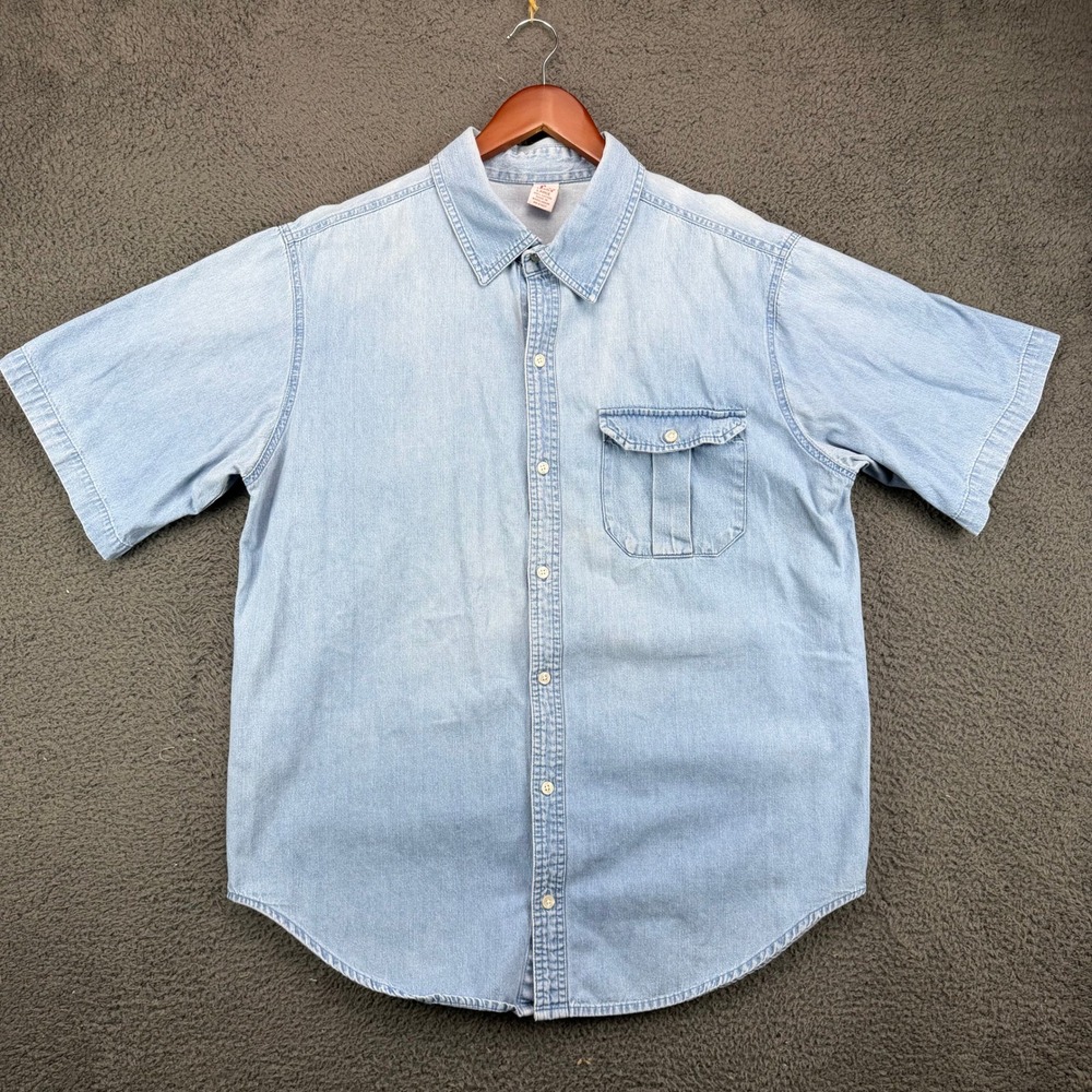 Open Trails Mens Large Light Wash Denim Short Sleeve Button Down Shirt Cotton
